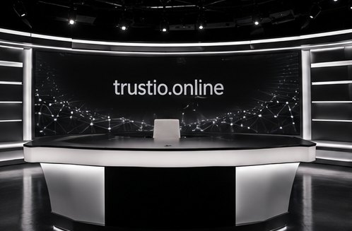 Moderationspult vor der LED-Studiowand mit trustio.online-Logo